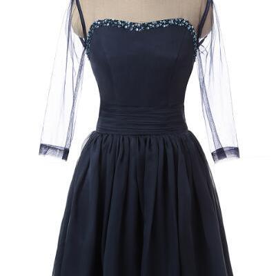 Vintage Navy Blue Chiffon A Line Prom Dress Evening Dress Y8292