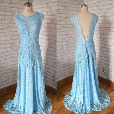 New Arrival Fashion Cap Sleeves Backless Blue Lace mermaid prom dress,Long elegant Princess prom dress.Fashion lace evenng dress
