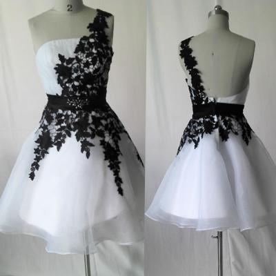 White Organza With Black Lace Lovely Short prom dress 2015, Shrort cheapCocktail Dress