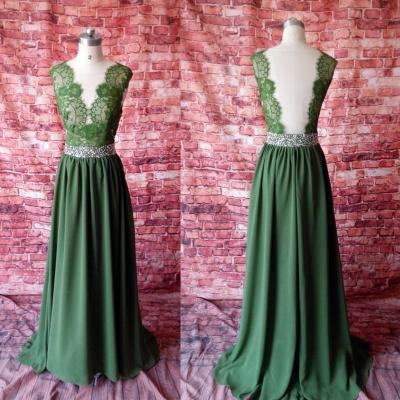 Green prom dress,Fashion V Neck Backless Top Lace Green Long Chiffon Prom Dress,Long party Dress, Green evening dress