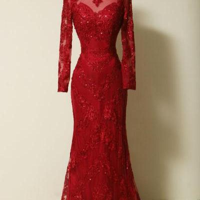 Elegant long sleeves red lace mermaid Prom Dress 2015, party Dress,evening dress 2015 
