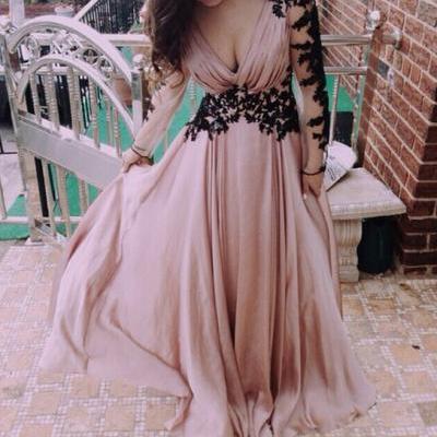 V Neck long Sleeves Appliques Lace Long Pink Prom Dress