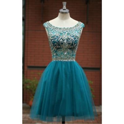 Green Scoop Short Prom Dress With Beaded Handmade