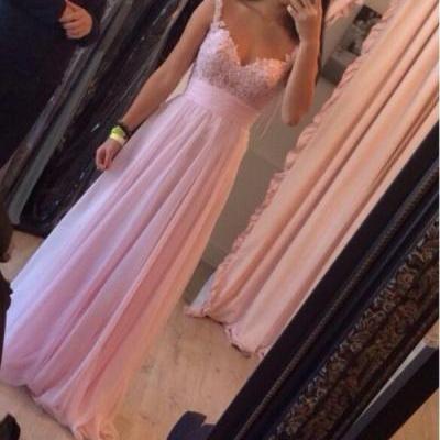 Sweetheart LonG Pink COLOR Chiffon Long Chiffon Prom Dress Spaghetti Strap Lace Pink Appliques Dress Prom 
