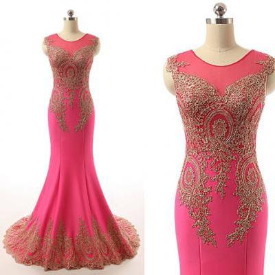 Lace Gold and Hot Pink Mermaid Chiffon Long Prom Dress