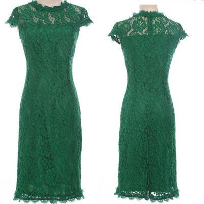 O-Neck dark green lace cap sleeve sheath knee length cocktail dress,short prom dress,lace party dress.homecoming dres