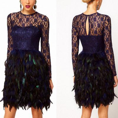 Navy Blue lace cocktail dress short prom dress,feather mini sexy evening dress,evening cocktail prom dress,party dress,homecoming dress elegant