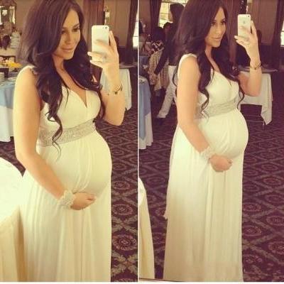 Elegant V neck sexy Pregnant woman dress with beaded belt,formal evening mother dress,beaded prom dresses