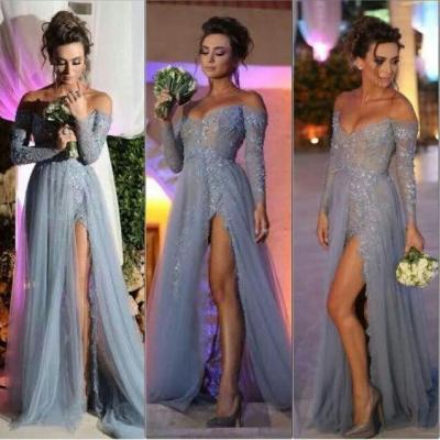 Long sleeve off shoulder tulle and lace long prom dress with side slit ,evening dress
