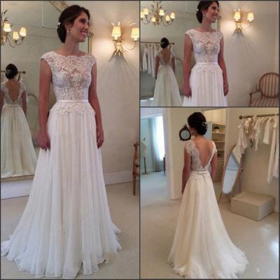 Elegant boat beck A line ivory lace and chiffon floor length wedding dress,beaded bridal dress,evening gowns