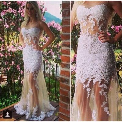 Sexy sheer champagne tulle with white lace sleeveless mermaid long prom dress,evening formal dress