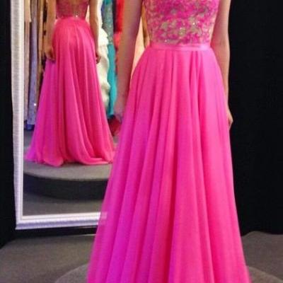 Boat neck sleeveless hot pink chiffon and lace A line floor length prom dress,long evening party dress