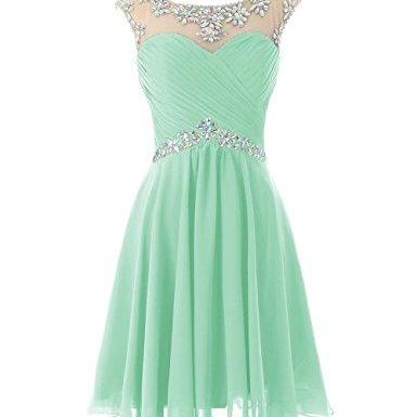 Boat neck mint green chiffon knee length short beaded prom dresses