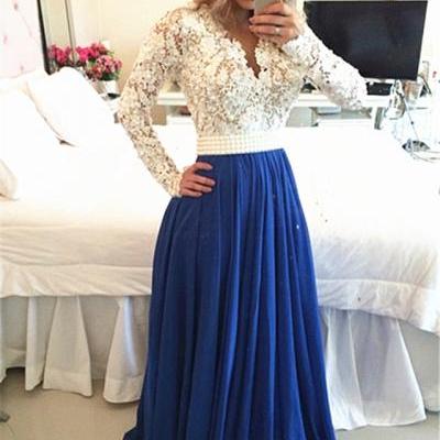 Sexy Deep V neck ivory lace top long dress prom,elegant evening dress with beaded belt,A line floor length party dress for wedding 