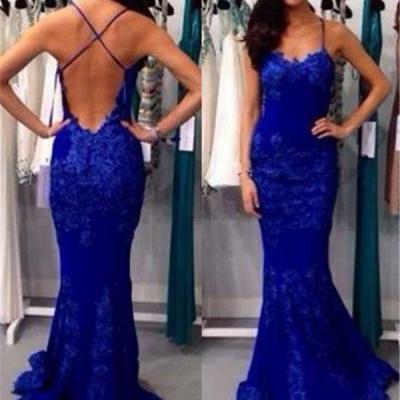 Royal blue chiffon mermaid evening dress,floor length wedding party dress with appliqued,backless prom dresses