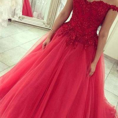 Sexy off shoulder red prom dress,tulle long evening dress,appliqued and beaded formal party dress,red wedding gowns
