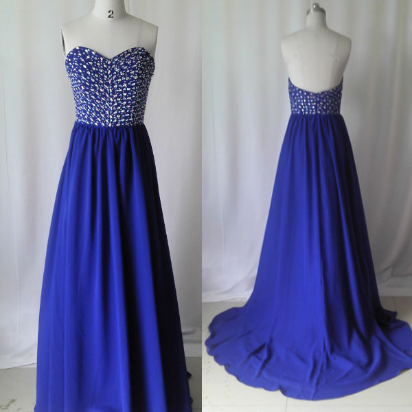 Royal Blue Beaded Embellished Sweetheart Floor Length Chiffon A-Line Formal Dress, Prom Dress 