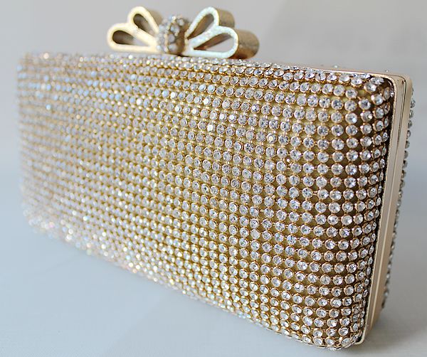 Gold Diamante Crystal Evening Party Bridal Prom Clutch Bag Purse Handbag UK