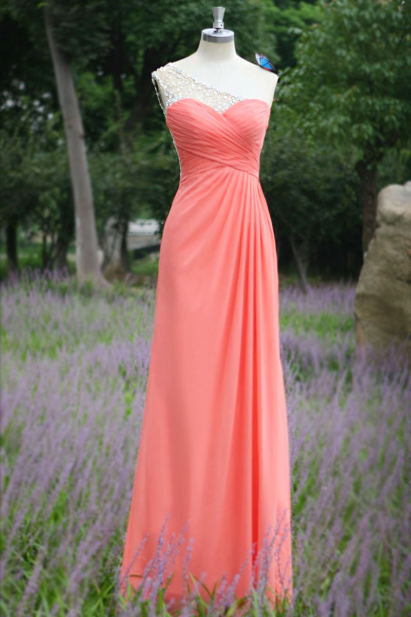 Coral One Shoulder Chiffon Prom Dress