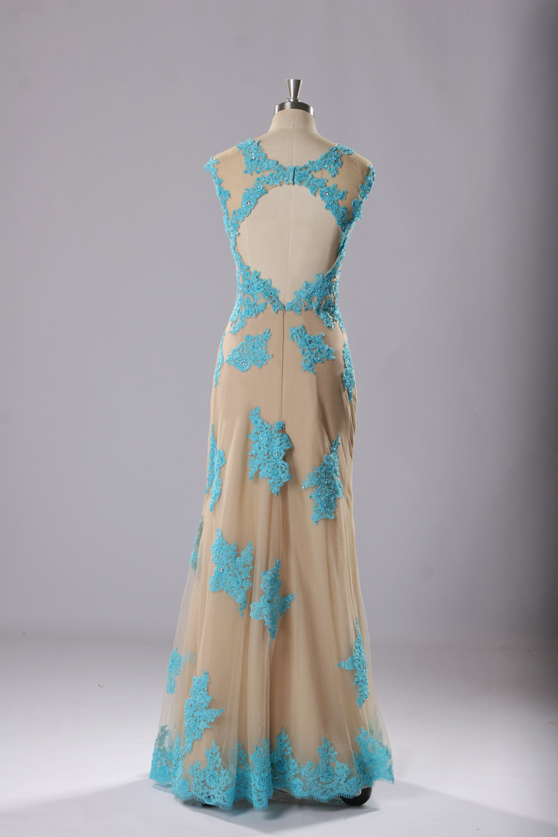 Scoop Chiffon With Appliques A Line Elegant Lace Backless Prom Dress