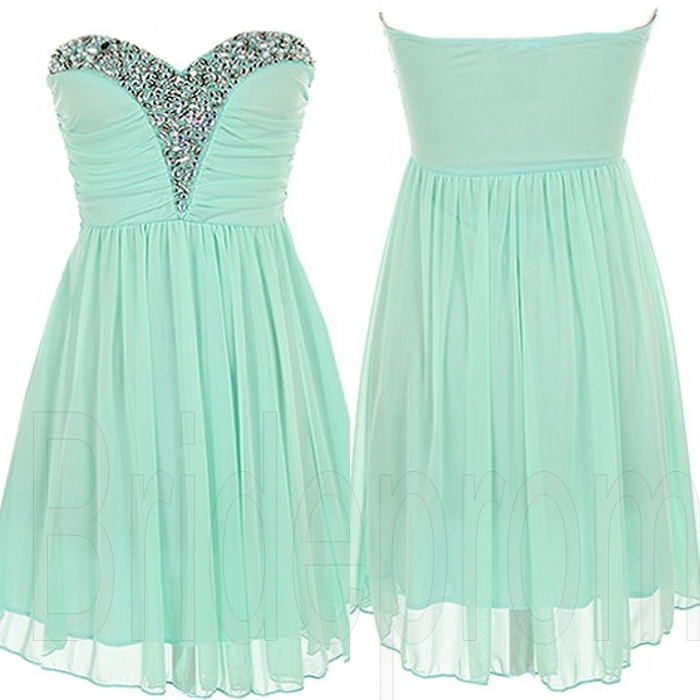 Mint Green Sweetheart Chiffon Sleeveless Short Prom Dress Beaded ...