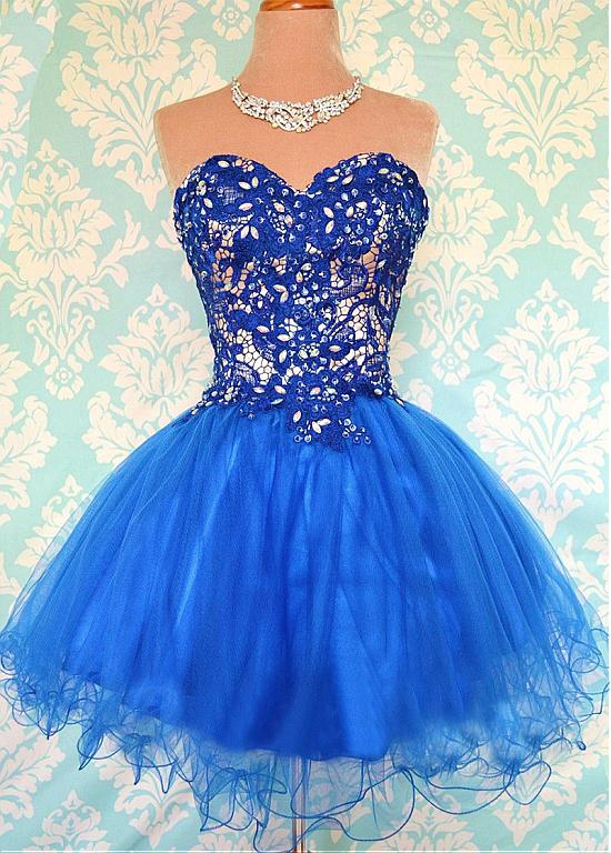 Royal Blue Tulle And Lace Knee Length Short Prom Dress,sweetheart Neck