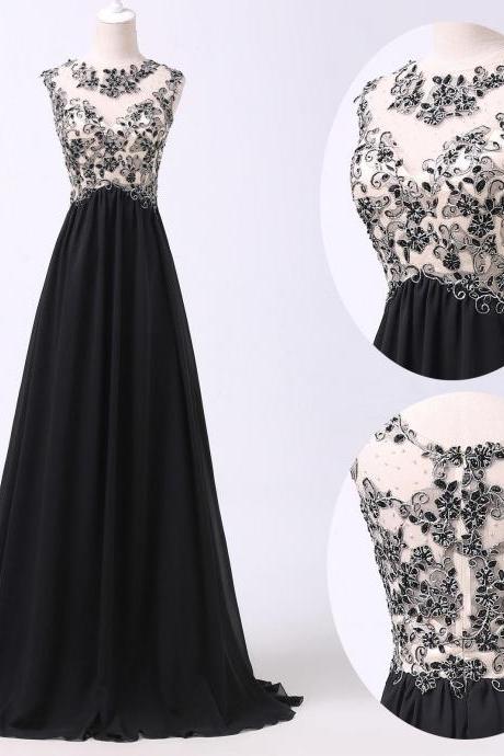 Fashion O Neck Sleeveless Appliqued And Beaded A Line Floor Length Long Black Party Dress