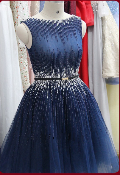 Elegant Sleeveless Navy Blue Beaded Short Prom Dress 2015, Party Dress ...