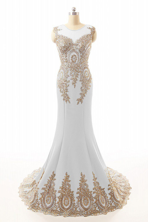 Scoop Appliques Lace Gold And White Mermaid Chiffon Long Prom Dress