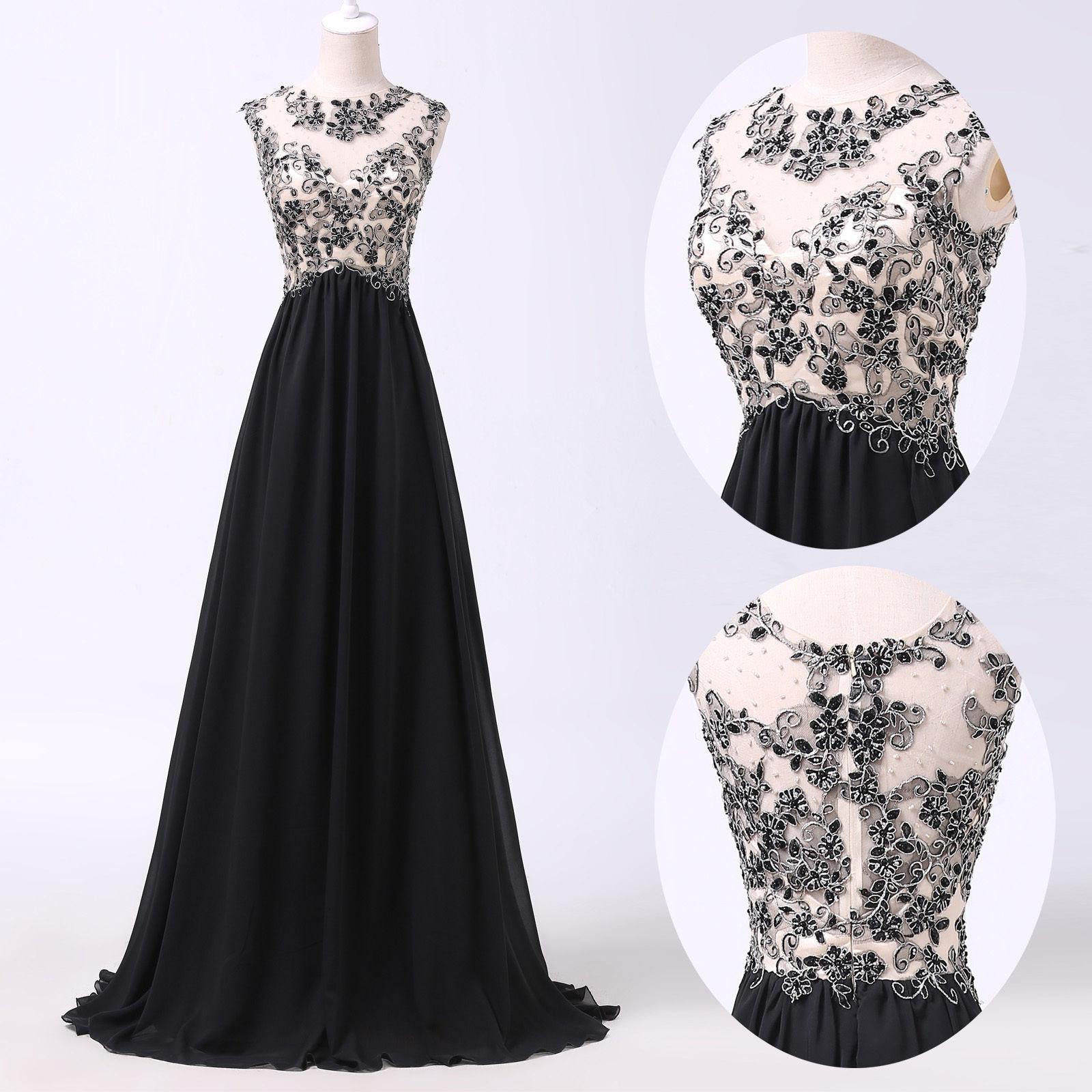 Fashion O Neck Sleeveless Appliqued And Beaded A Line Floor Length Long Black Party Dress